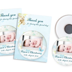 Baby jongen doopfeest giveaways, aangepaste fotomagneet met bedankkaart