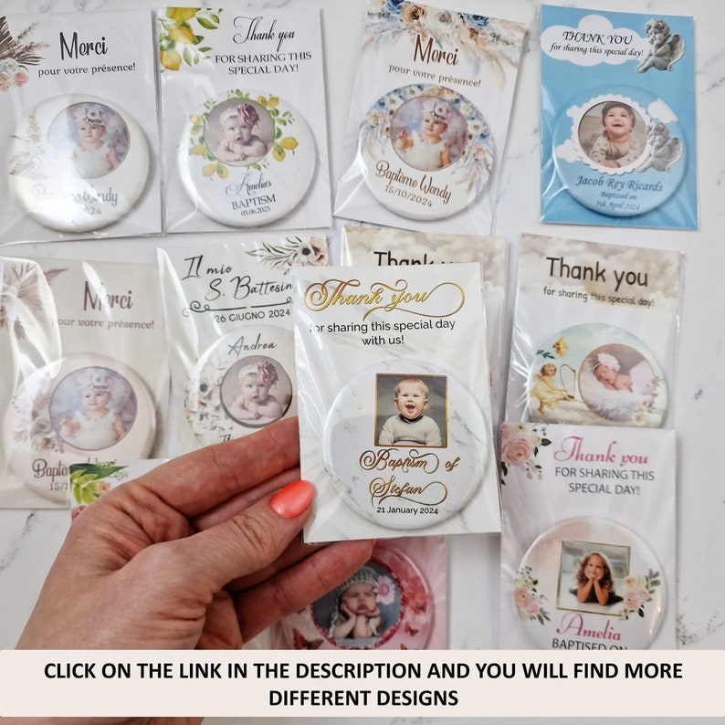 May include: A collection of round, white, and gold thank you favors with photos of babies and the text "Thank you for sharing this special day!"  The favors are decorated with floral designs and have a marble-like background.