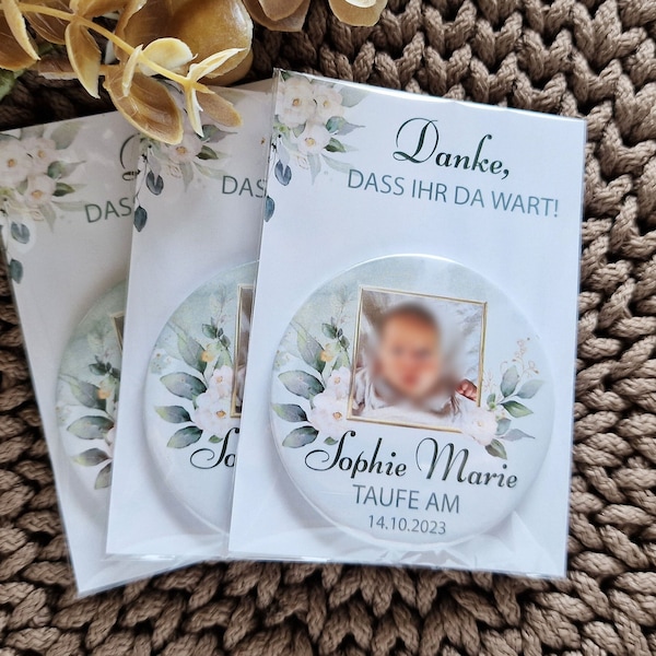 Floral Christening Magnets with Baby's Photo and Thank You Card - Perfect Gift for Guests!