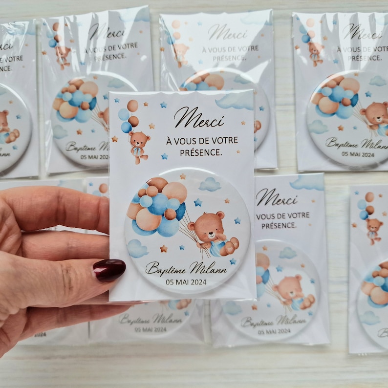 Teddy bear theme baptism souvenir, personalized fridge magnets, small thank you gift for guests