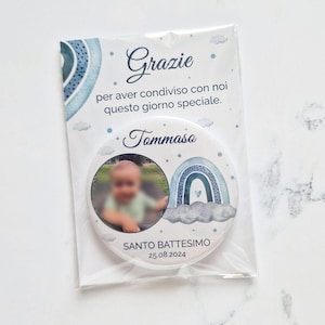 Gepersonaliseerde doopsouvenir - Boho blauwe regenboog koelkastmagneet met bedankkaartje