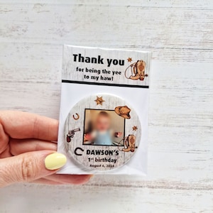 Western Geburtstagsgeschenke, Cowboy Party Souvenir, personalisierte Kühlschrankmagnete mit Dankeskarte