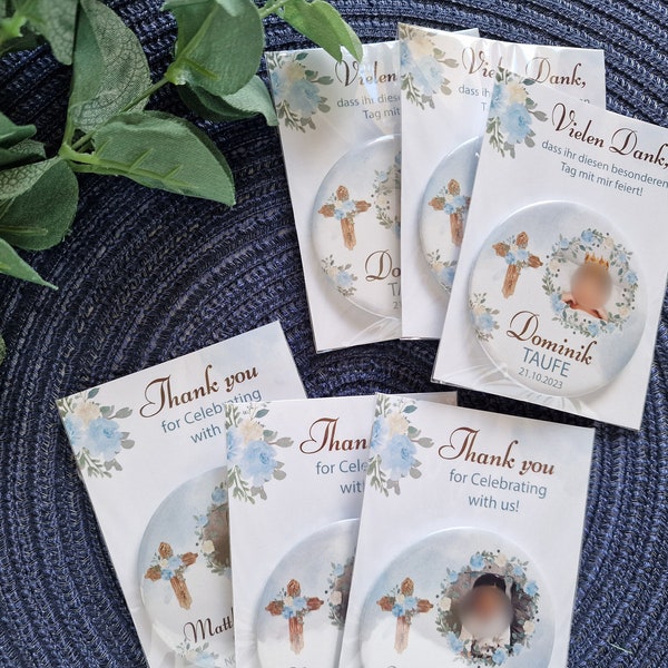 Boy Baptism Magnets with Floral Cross Picture -  Memorable Thank You Gifts for Guests!