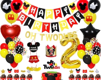 77 pc Mickey Theme 2nd Birthday Party Supplies Decoration, includes Birthday Banner, Oh Twodles Banner, Balloons, Cake Toppers