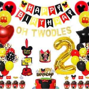 77 pc Mickey Theme 2nd Birthday Party Supplies Decoration, includes Birthday Banner, Oh Twodles Banner, Balloons, Cake Toppers