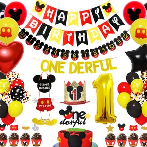 71 pcs Mickey Theme 1st Birthday Party supplies Decoration includes Balloons, Banner, Door sign, Onederful banner,  Cake Toppers.