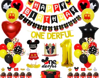 Mickey Theme 1st Birthday Party Decoration Set: Balloons, Banners, Cake Toppers