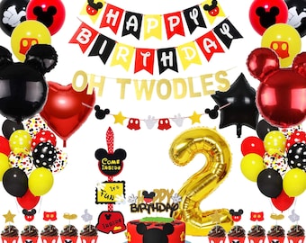 Mickey Theme 2nd Birthday Party Decoration Set: Balloons, Banners, Cake Toppers