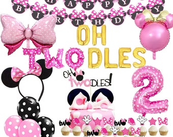 Minnie Theme 2nd Birthday Party Decoration Supplies, Oh twodles balloons, cake topper with Pink balloons