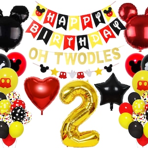 Mickey Theme 2nd Birthday Party Supplies with Oh Twodles Happy Birthday Banner Red Black Yellow Balloons for Birthday Party Decoration