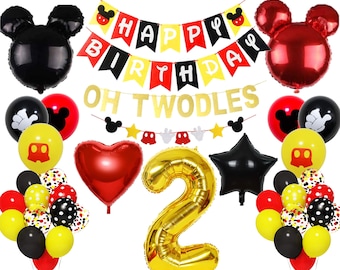 Mickey Theme 2nd Birthday Party Supplies with Oh Twodles Happy Birthday Banner Red Black Yellow Balloons for Birthday Party Decoration