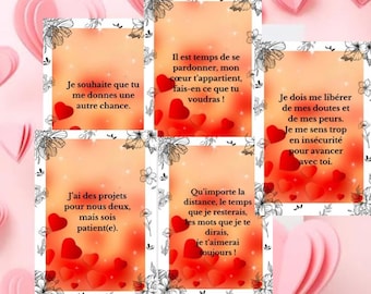 May include: Four cards with red hearts and white borders. Each card has a different message in French. The messages are: "Je souhaite que tu me donnes une autre chance."  "Il est temps de se pardonner, mon cœur t'appartient, fais-en ce que tu voudras!"  "Je dois me libérer de mes doutes et de mes peurs. Je me sens trop en insécurité pour avancer avec toi."  "J'ai des projets pour nous deux, mais sois patient(e)."  "Qu'importe la distance, le temps que je resterais, les mots que je te dirais, je t'aimerai toujours!"