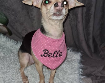 Embroidered dog scarf with name of her dog