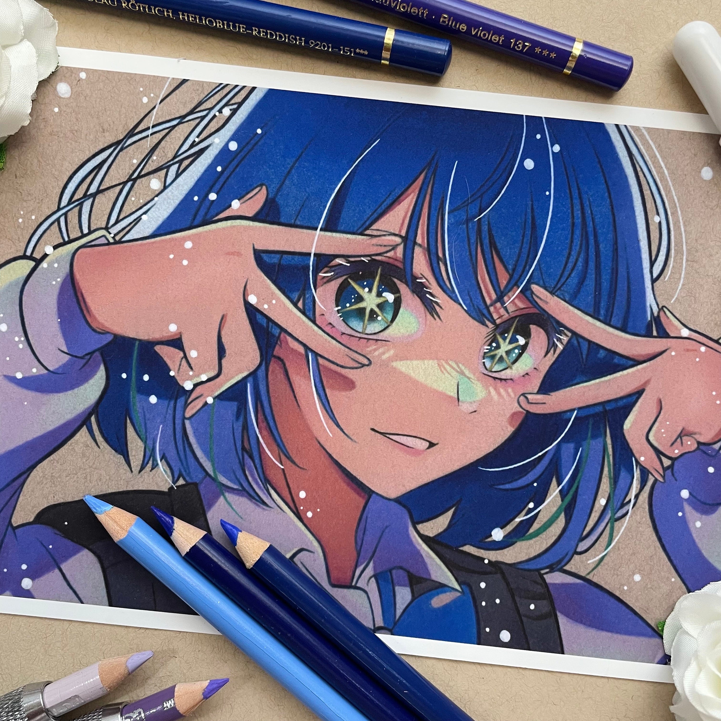 Blue Haired Girl Anime Drawing Print Cute Anime Girl 
