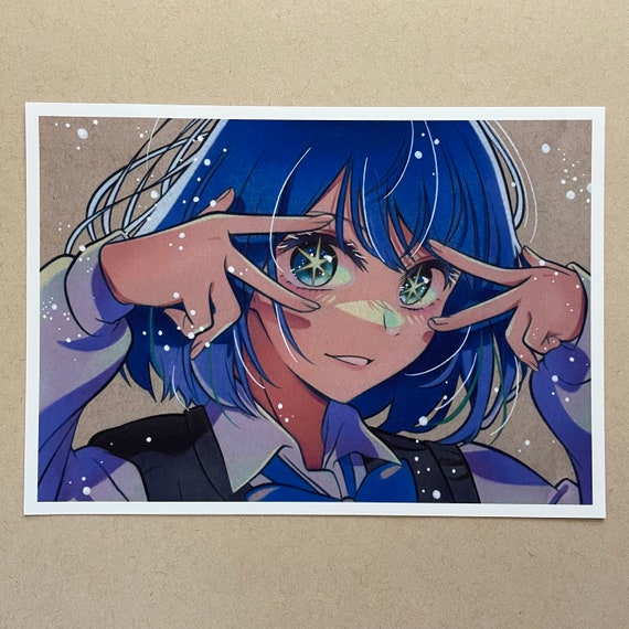 Blue Haired Girl Anime Drawing Print Cute Anime Girl 