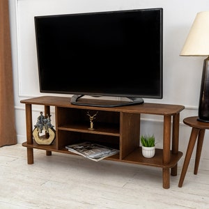 Tv Stand with Storage Console, Modern Walnut Television Livingroom Furniture, Wooden Media Turnable Stand Unit Cabinet, Entertainment Center