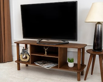 Wood Tv Stands Console Furniture, Handmade Media Turntable Stand for Indoor Decor, Rustic Walnut Television Cabinet