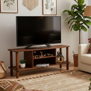 Tv Stand with Storage Console, Modern Walnut Television Livingroom Furniture, Wooden Media Turnable Stand Unit Cabinet, Entertainment Center