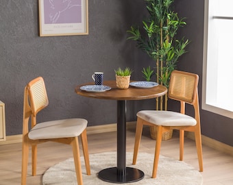 Wąski stół jadalny bistro, okrągły stół kuchenny z drewna sosnowego, metalowa noga w kształcie tulipana dla 2 osób
