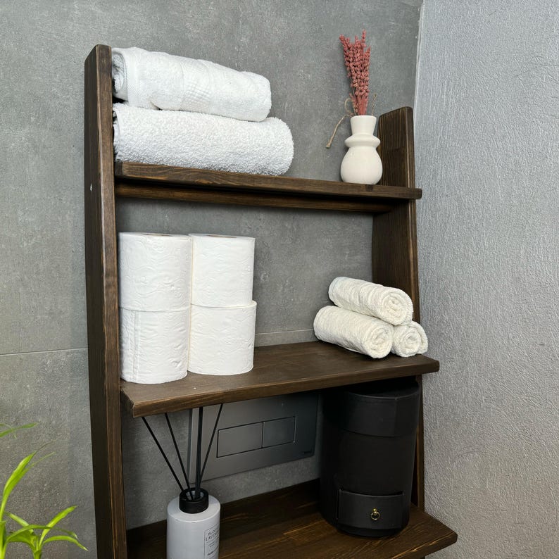 We combine Bathroom Shelves Storage with A Over the Toilet Ladder Shelf,. Here is SWooden Above Toilet Back Paper Stand Organizer as a easy to assemble over toilet storage as a bath rooms furniture!