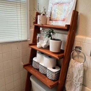 Bathroom Shelves Storage, Over the Toilet Ladder Shelf, Wood Handmade Rustic Toilet Paper Stand, Maximalist Home Decor Laundry Shelving