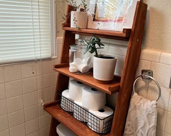 Bathroom Shelves Storage, Over the Toilet Ladder Shelf, Wood Handmade Rustic Toilet Paper Stand, Maximalist Home Decor Laundry Shelving