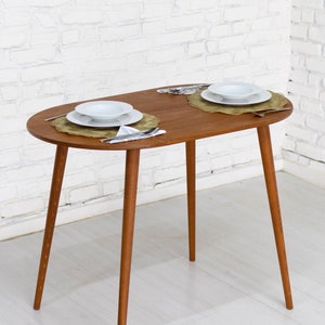 Handmade Oval Wooden Dining Table for 2 | Ideal for Small Homes, Kitchens, Walnut Wooden Dining Room Table, Rustic Narrow Dinning Table