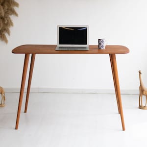 Rounded Oval Office Desk Table, Minimalist Walnut Wood Home Desk, Small ...