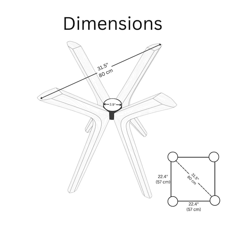 May include: A black line drawing of a table base with five legs radiating from a central hub. The text Dimensions is at the top. Measurements include a 31.5 inch span, a 3.9 inch center, and a square footprint measuring 22.4 inches by 22.4 inches.