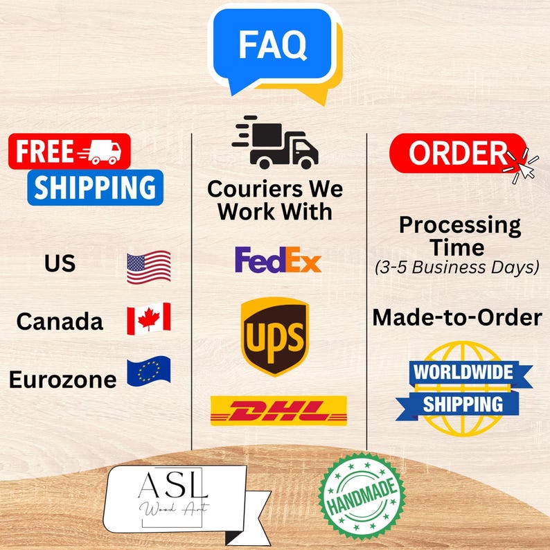 May include: An informational graphic featuring a blue FAQ speech bubble, a list of couriers including FedEx, UPS, and DHL, and text detailing order processing times, worldwide shipping, and a handmade label for ASL Wood Art products.