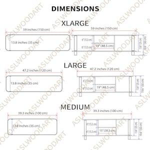 May include: Diagram showing dimensions of wooden furniture in three sizes: XLarge (59 inches long, 13.8 inches high), Large (47.2 inches long, 13.8 inches high), and Medium (39.3 inches long, 13.8 inches high).