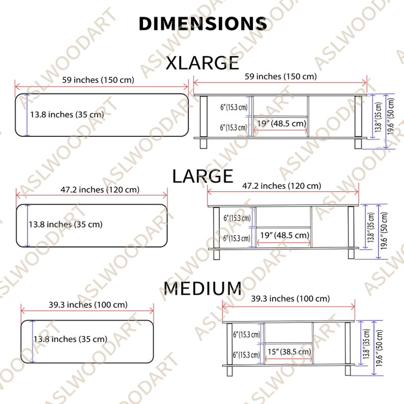 May include: Diagram showing dimensions of wooden furniture in three sizes: XLarge (59 inches long, 13.8 inches high), Large (47.2 inches long, 13.8 inches high), and Medium (39.3 inches long, 13.8 inches high).