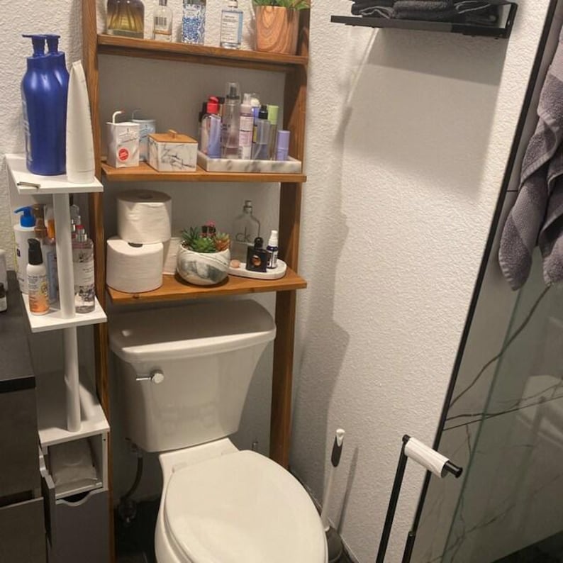 We combine Bathroom Shelves Storage with A Over the Toilet Ladder Shelf,. Here is SWooden Above Toilet Back Paper Stand Organizer as a easy to assemble over toilet storage as a bath rooms furniture!