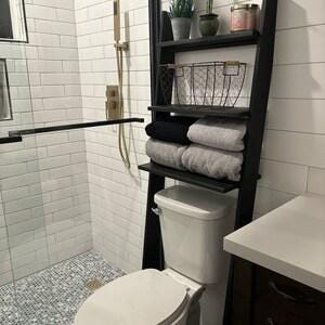 We combine Over the Toilet Ladder Shelf with Above Toilet Back Leaning Shelves. Here is Space Saving Bathroom Cabinet Organizer Storage as a easy to assemble WC Shelving Home Furniture!