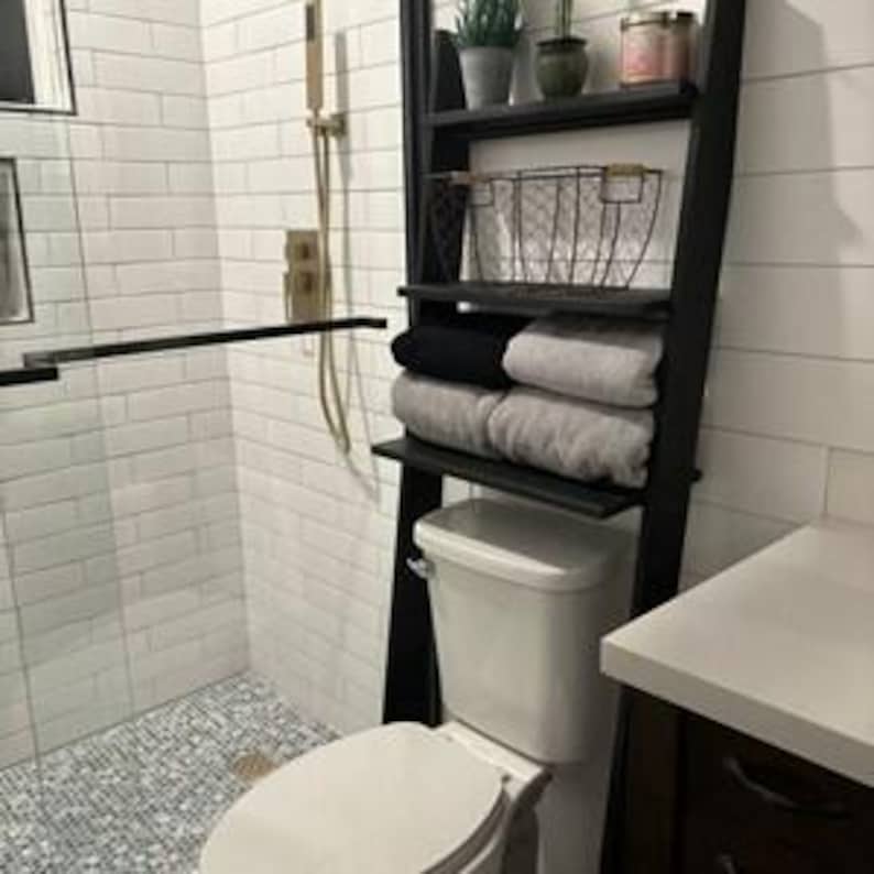 We combine Over the Toilet Ladder Shelf with Above Toilet Back Leaning Shelves. Here is Space Saving Bathroom Cabinet Organizer Storage as a easy to assemble WC Shelving Home Furniture!