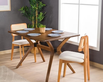 Solid Pine Wood Walnut Dining Table, 6 to 8 Person Farmhouse Rectangle Dine Table Pedestal Leg