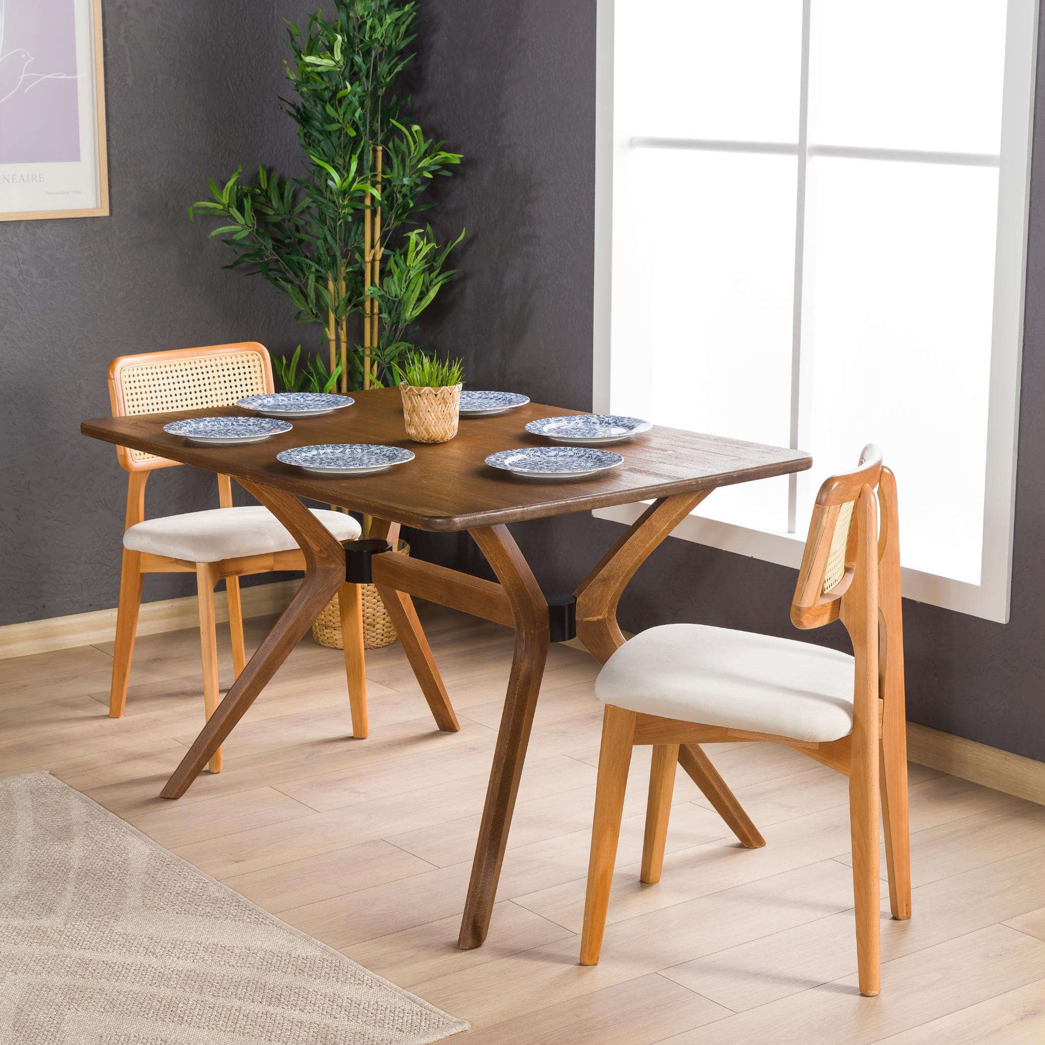 Solid Pine Wood Walnut Dining Table, 6 to 8 Person Pedestal Leg