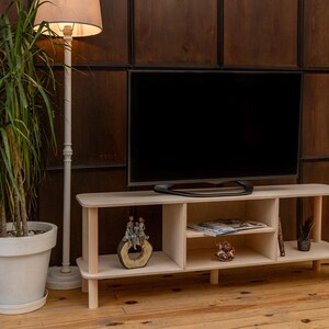 May include: A light-colored wooden TV stand with a flat-screen television on top. The stand has open shelving and is decorated with figurines and a magazine. A floor lamp and potted plant are to the left.