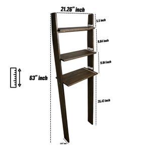 May include: A dark brown wooden ladder shelf with four shelves and a desk surface. The shelf is 63 inches tall, 21.26 inches wide, and 35.43 inches deep.