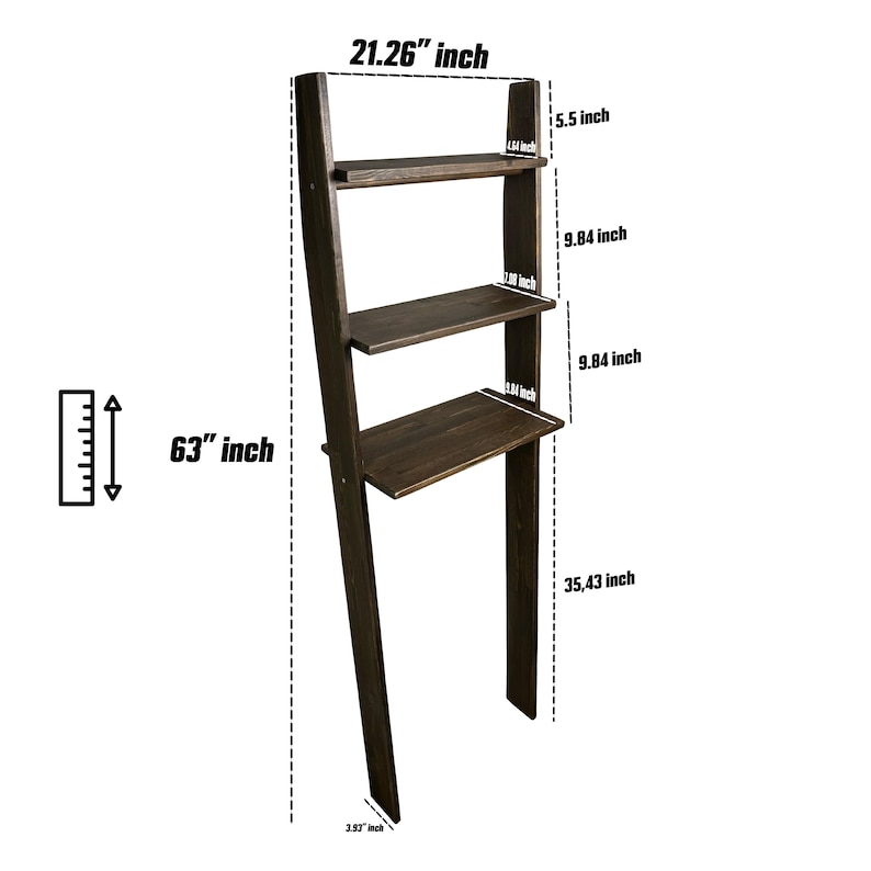 May include: A dark brown wooden ladder shelf with four shelves and a desk surface. The shelf is 63 inches tall, 21.26 inches wide, and 35.43 inches deep.