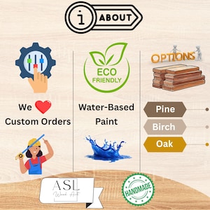 May include: An informational graphic featuring an 'ABOUT' header, a gear icon, a red heart, and text stating 'We Custom Orders'. It includes an 'ECO FRIENDLY' logo, 'Water-Based Paint' text with a blue splash, and wood options labeled Pine, Birch, and Oak.
