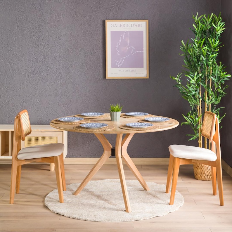 We combine round dining table 2 to 6 seat dining room dinner table and small walnut wood circular dine table kitchen furniture ready to use. Our Solid Oak Wood Dine Table as a Circular Kitchen Furniture.