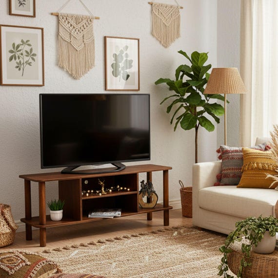 Tv Stand with Storage Console, Modern Walnut Television Livingroom Furniture, Wooden Media Turnable Stand Unit Cabinet, Entertainment Center