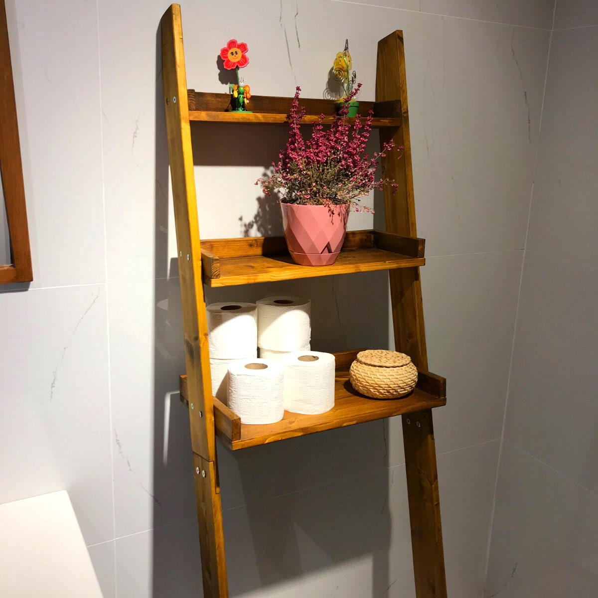 Scaffale portaoggetti a 3 ripiani in metallo sopra il WC con ganci e porta fazzoletti da bagno, organizer per la casa, salvaspazio e supporto angolare