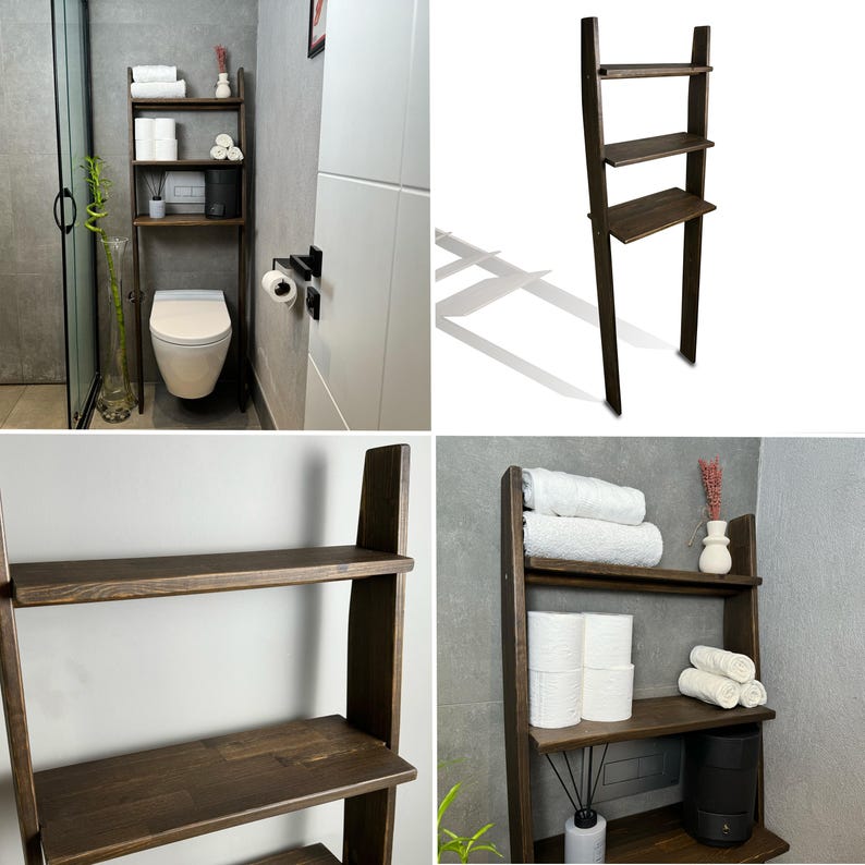 We combine Bathroom Shelves Storage with A Over the Toilet Ladder Shelf,. Here is SWooden Above Toilet Back Paper Stand Organizer as a easy to assemble over toilet storage as a bath rooms furniture!