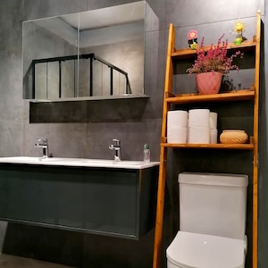 Over the Toilet Ladder Shelf Bathroom Organizer Storage, Above Toilet Back Leaning Shelves, Space Saving WC Behind Ladder Shelving Furniture