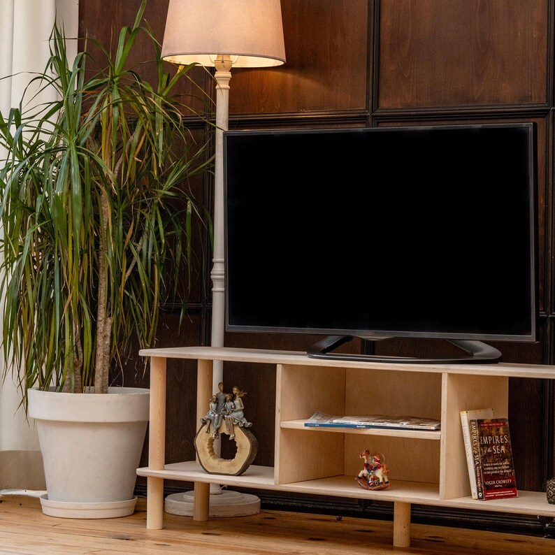 May include: A light-colored wooden TV stand with a black screen television. A tall floor lamp with a beige lampshade stands to the left of the TV. A potted plant and decorative items are on the stand. The background is a dark wood panel.