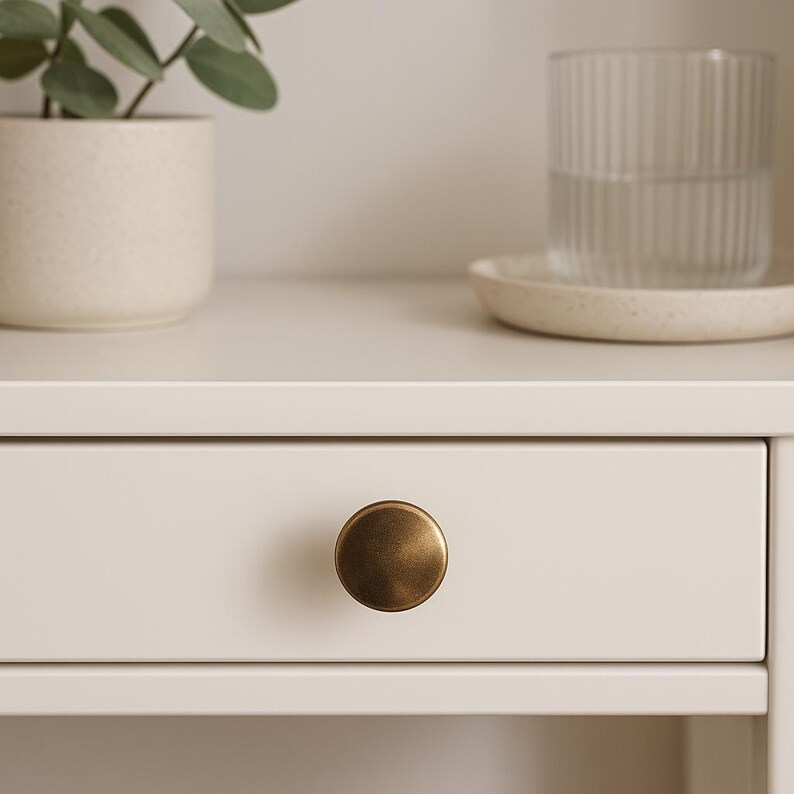 May include: Close-up of a white drawer with a round, antique brass knob. The drawer is part of a white cabinet or desk. A small potted plant, a glass of water, and a small plate are on the surface above the drawer.