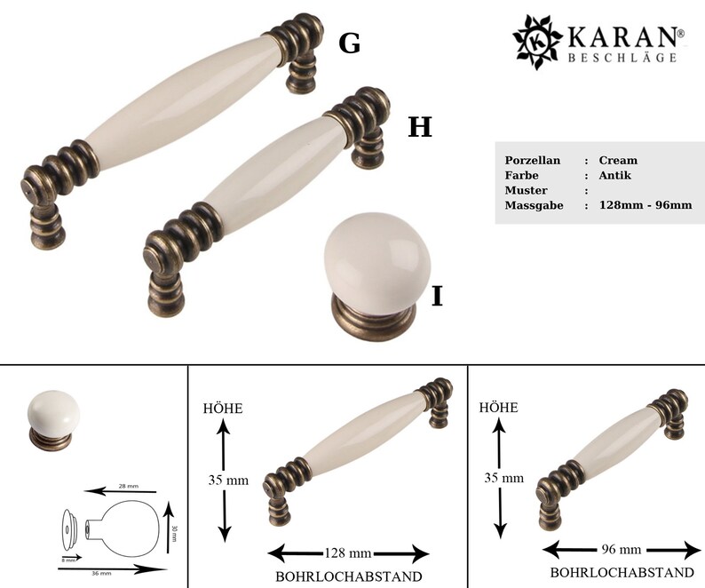 May include: Two antique brass cabinet knobs with cream-colored ceramic handles. The knobs are 128mm x 96mm and have a 35mm height. The knobs are labeled "G", "H", and "I".