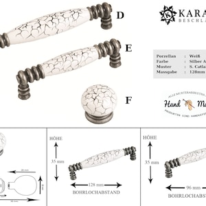 May include: White ceramic cabinet knobs with a crackled finish and silver antique hardware. The knobs are available in two sizes: 4.25 inches and 3.75 inches. The knobs are hand-made and feature a "Hand Made" logo.